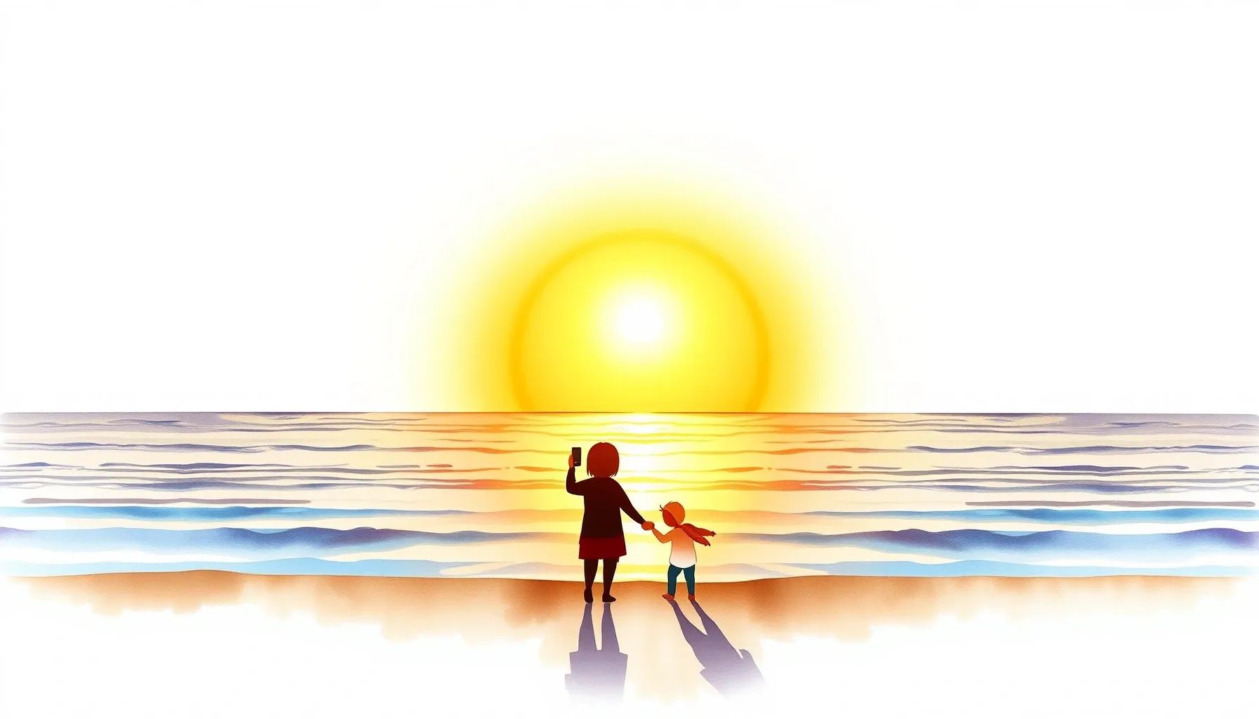 Watercolor style. A silhouette of a parent and a small child...