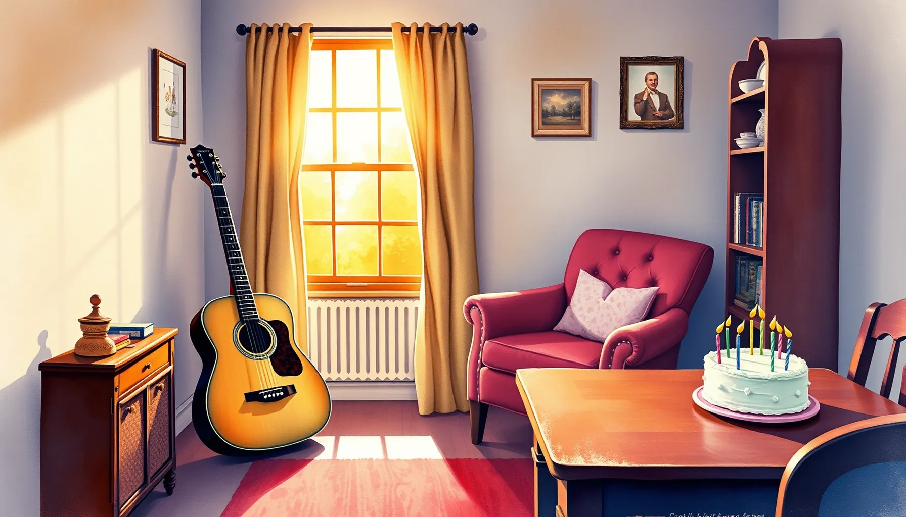 Watercolor style. A cozy room with a guitar leaning against ...