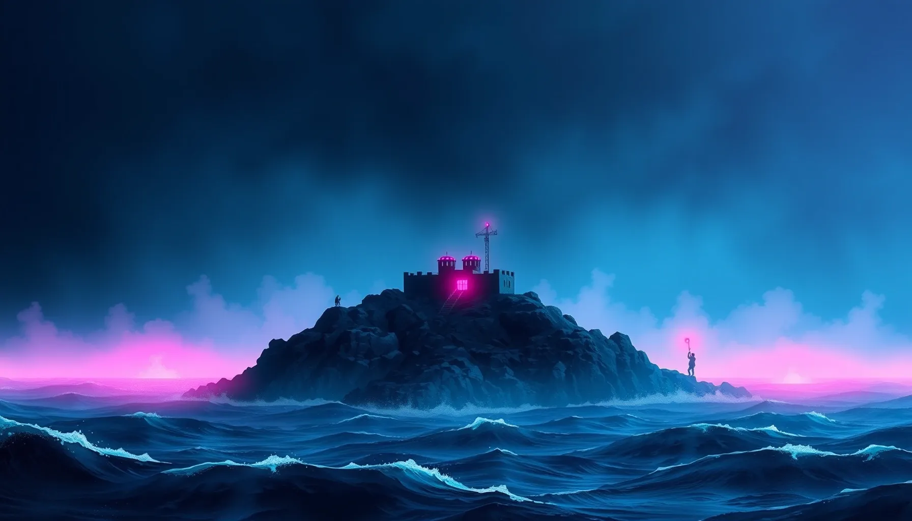 Watercolor style. A dark silhouette of a rocky island prison...