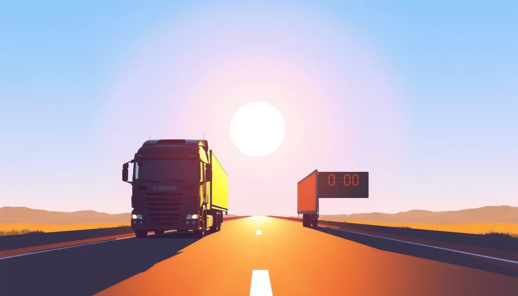 Watercolor style. Silhouette of a heavy truck on a straight ...