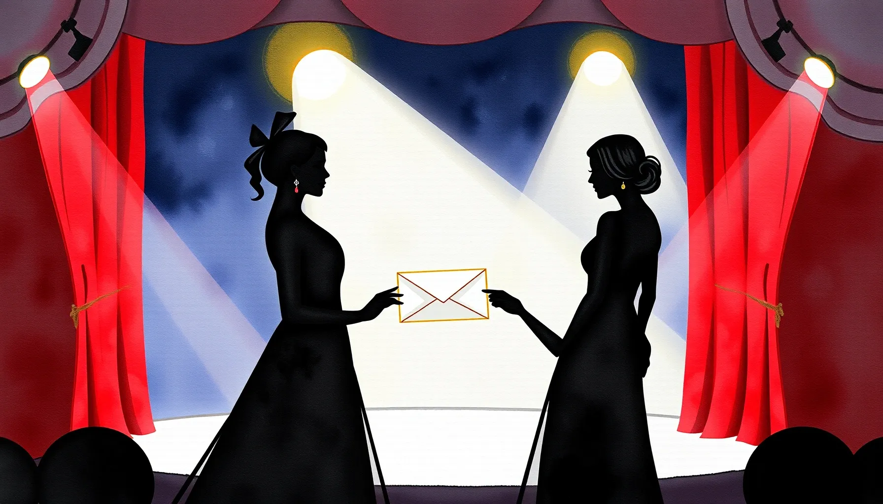 Watercolor style. Silhouettes of three elegant women on a th...