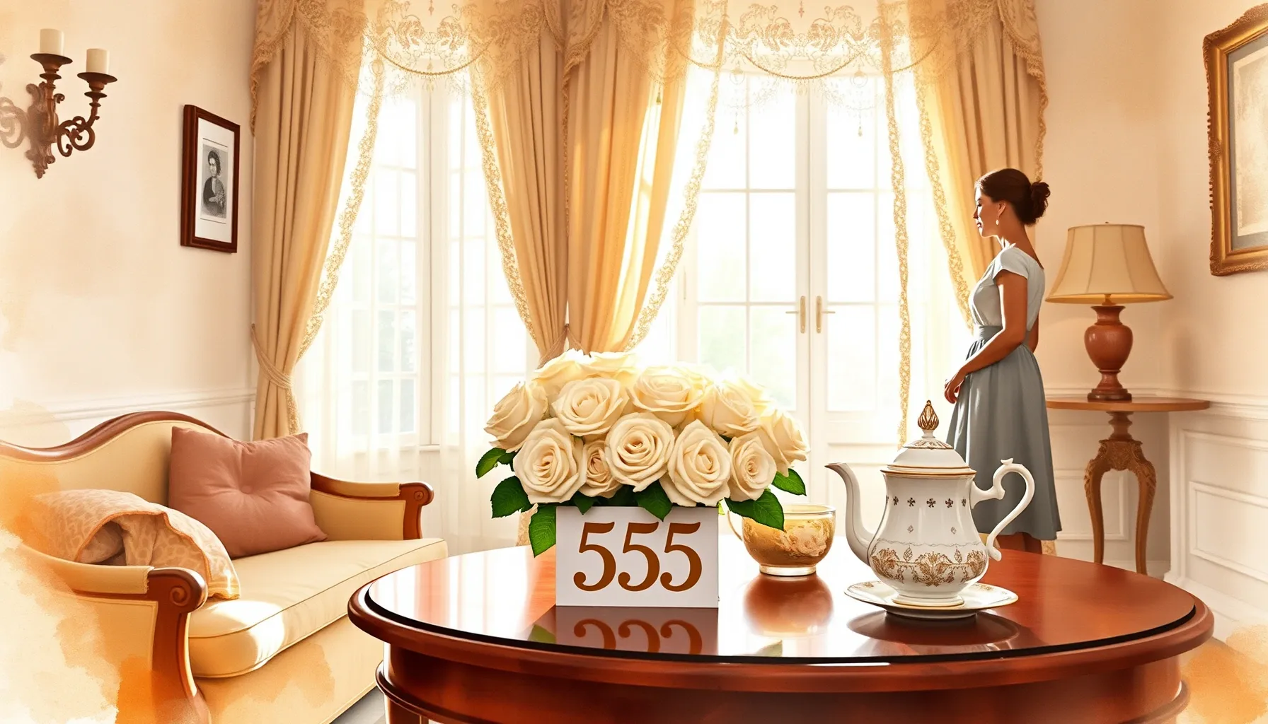 Watercolor style. Elegant vintage living room, soft sunlight...