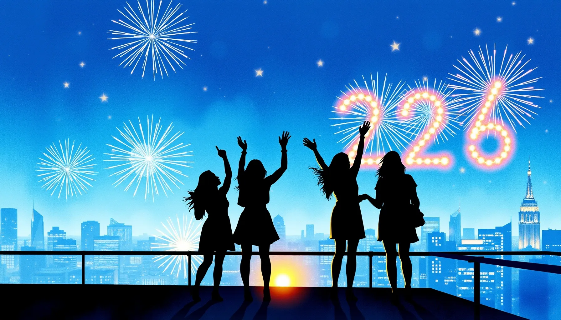 Watercolor style. Silhouettes of five women celebrating on a...