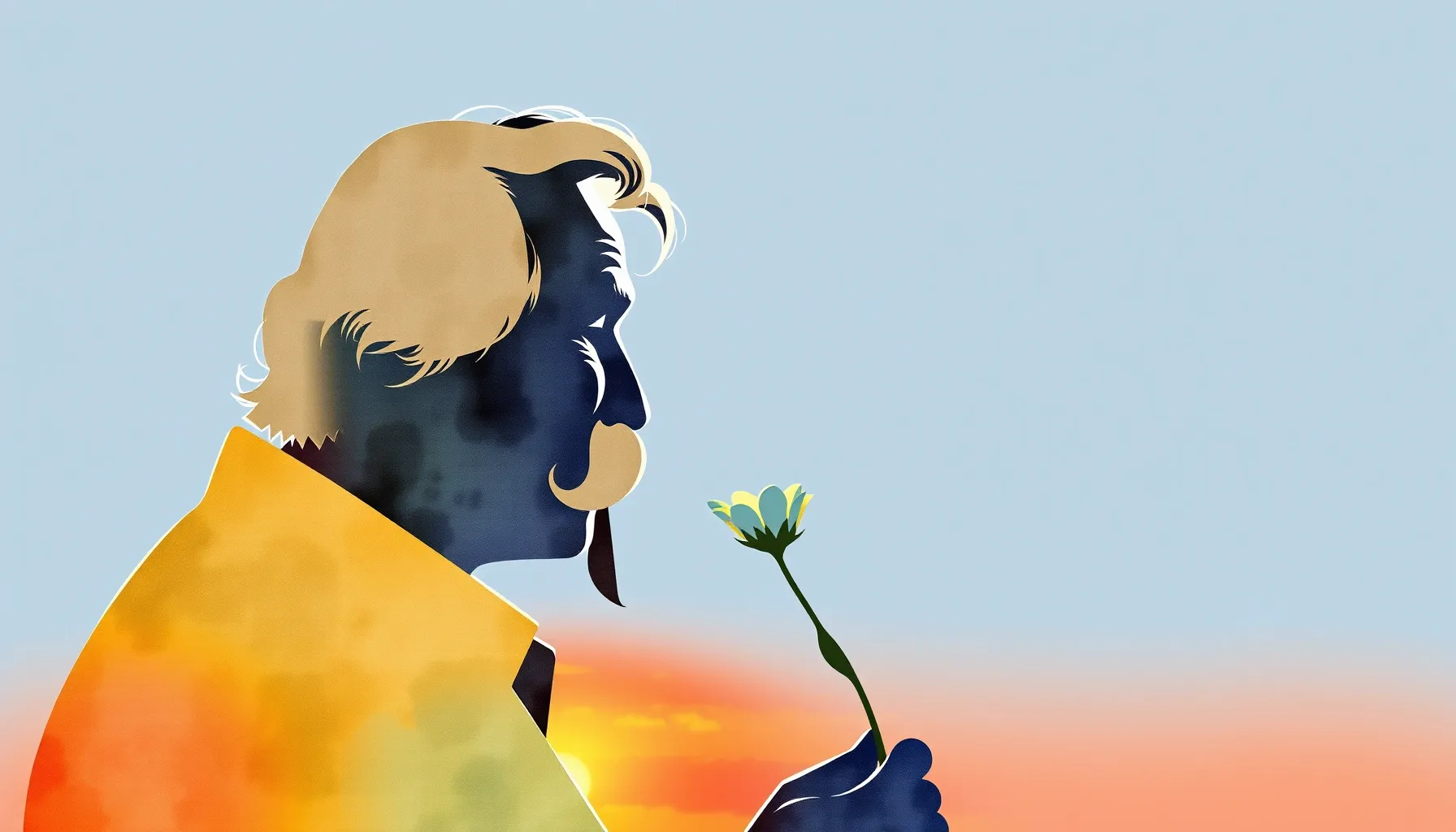 Watercolor style. Minimalist silhouette of an elderly man wi...