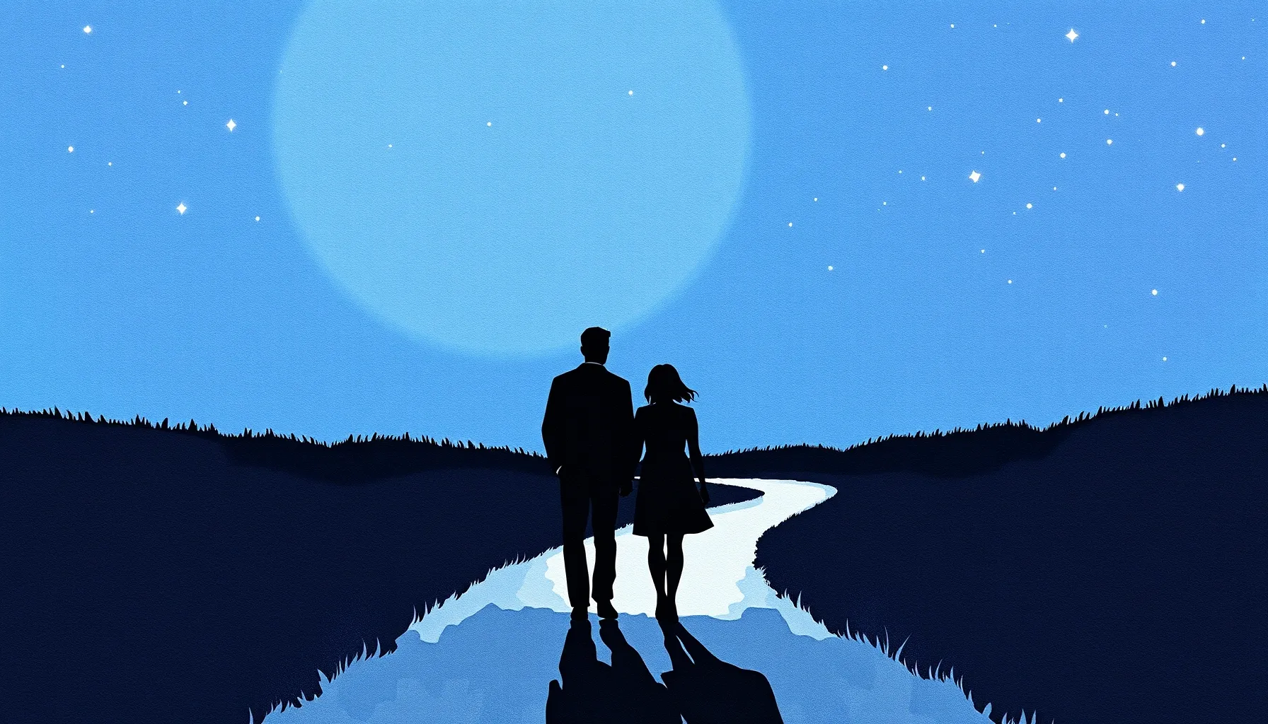 Watercolor style. Two silhouettes of a man and a woman walki...