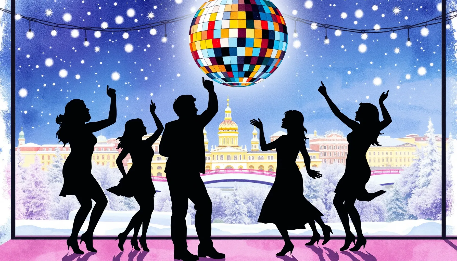 Watercolor style. Silhouettes of a group of friends dancing ...