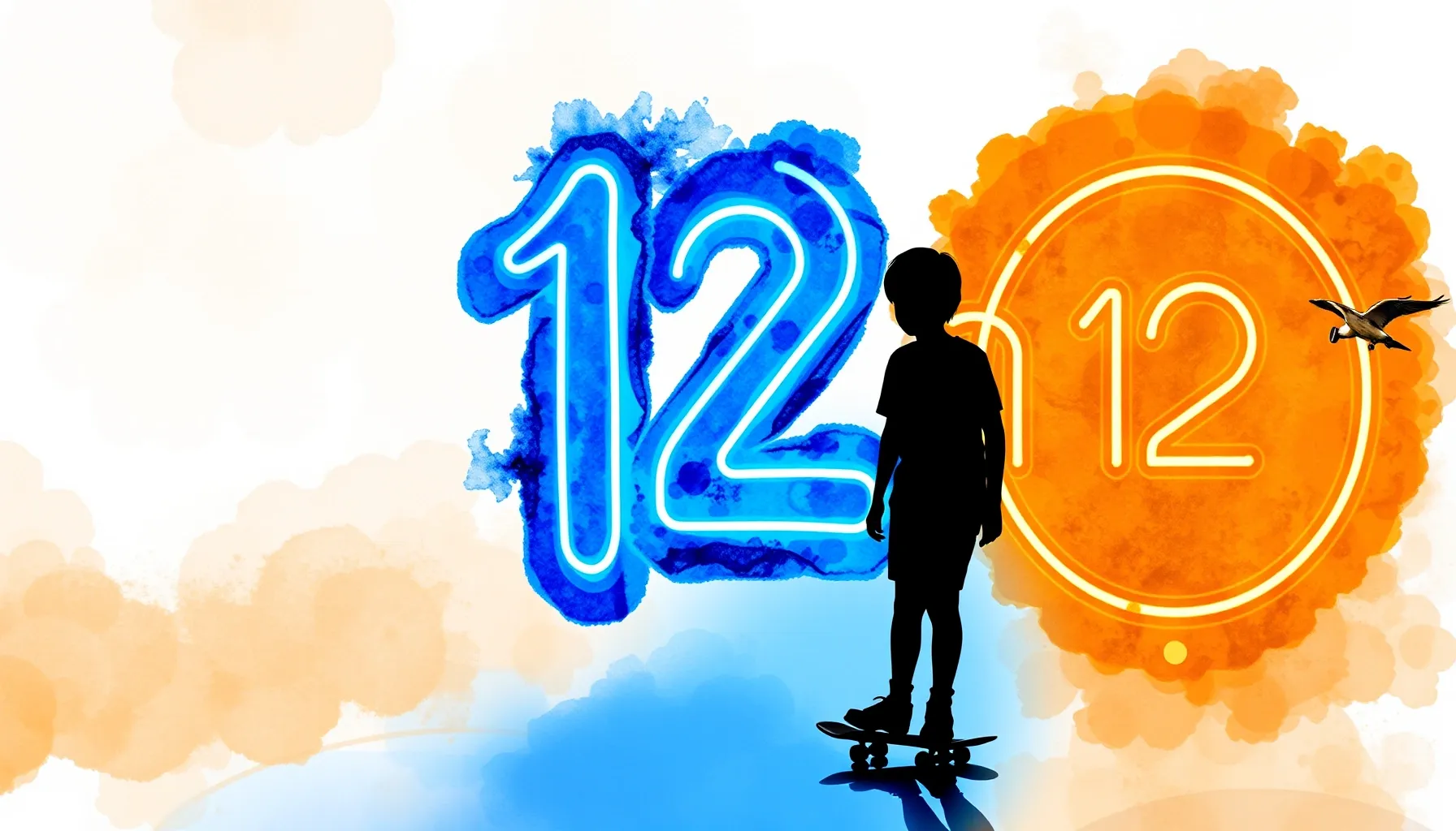 Watercolor style. A silhouette of a young person with a skat...