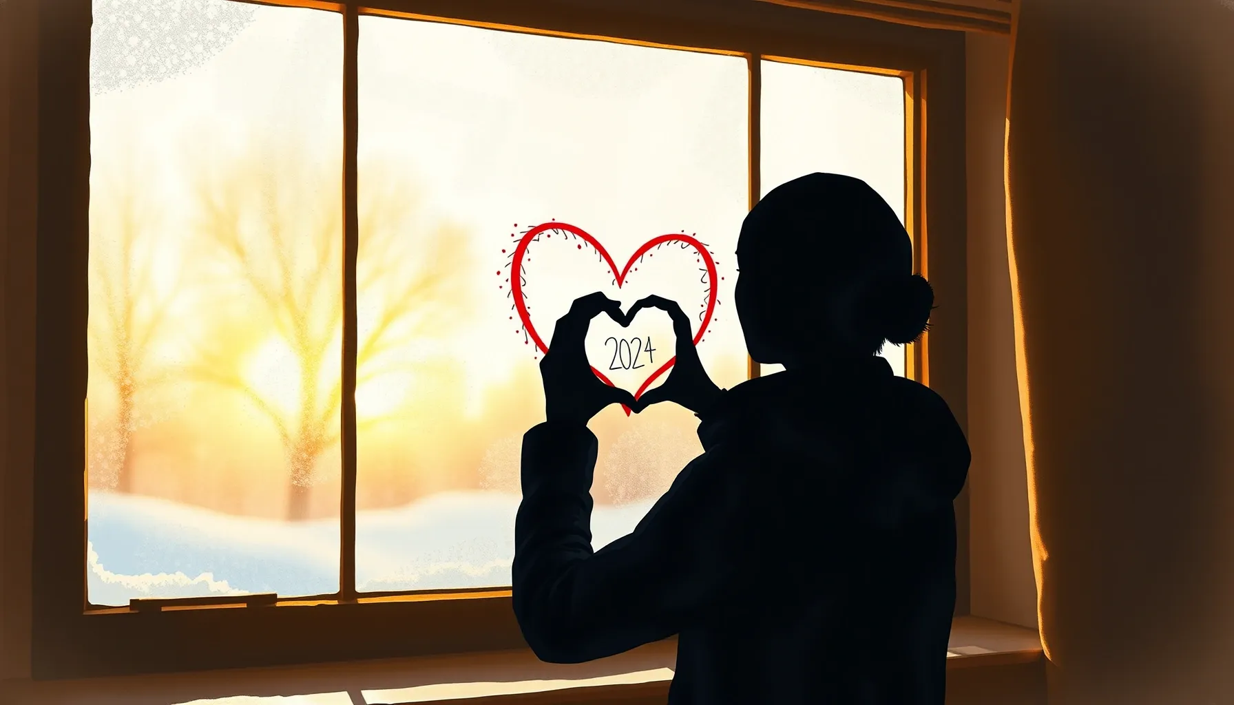 Watercolor style. A silhouette of a person drawing a heart o...