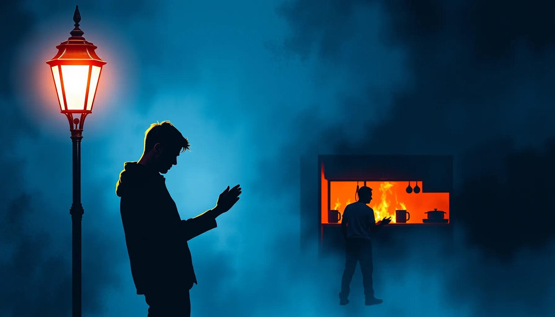 Watercolor style. A silhouette of a person standing under a ...