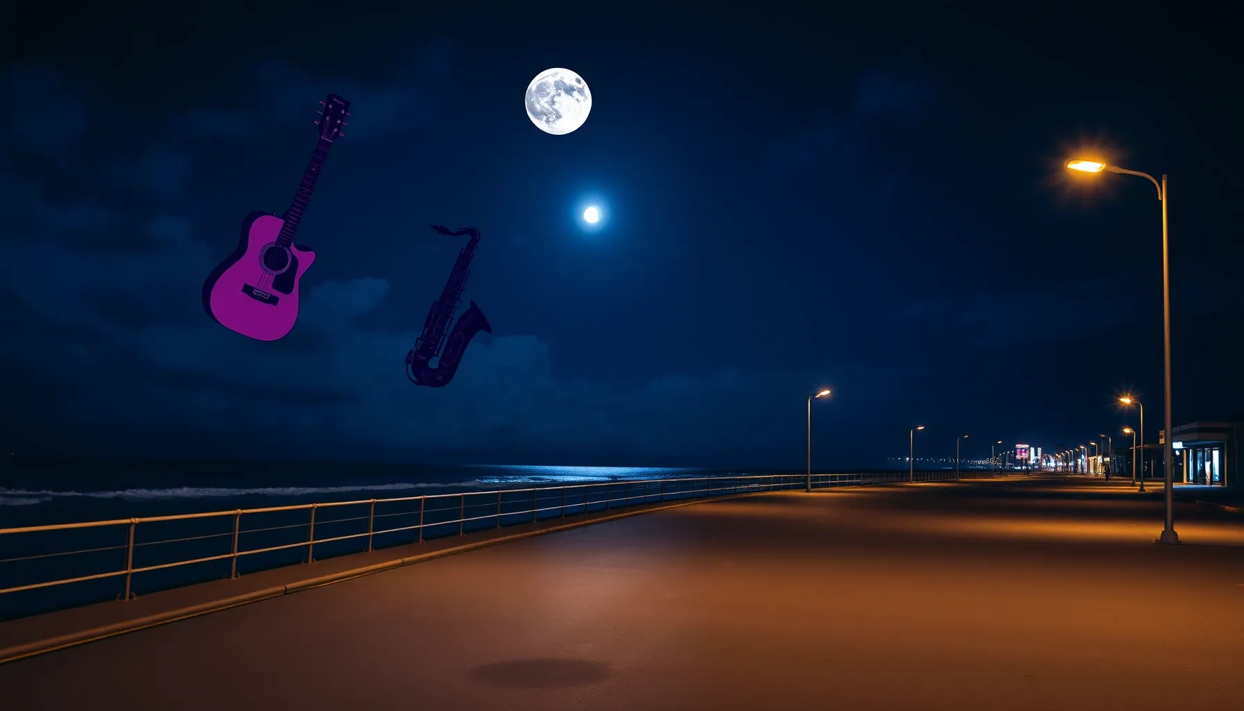 Watercolor style. Night view of a boardwalk near the ocean, ...