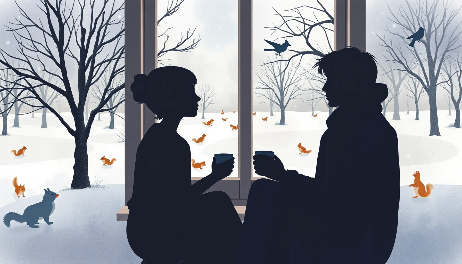 Watercolor style. Two silhouettes sitting by a window with c...