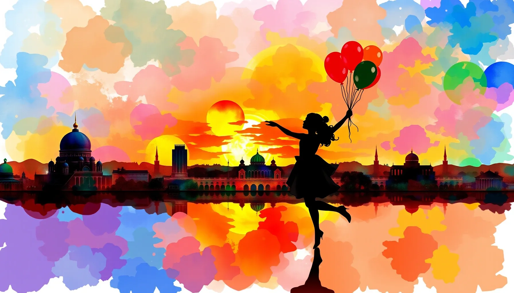 Watercolor style. Bright abstract cityscape of Kurgan, silho...