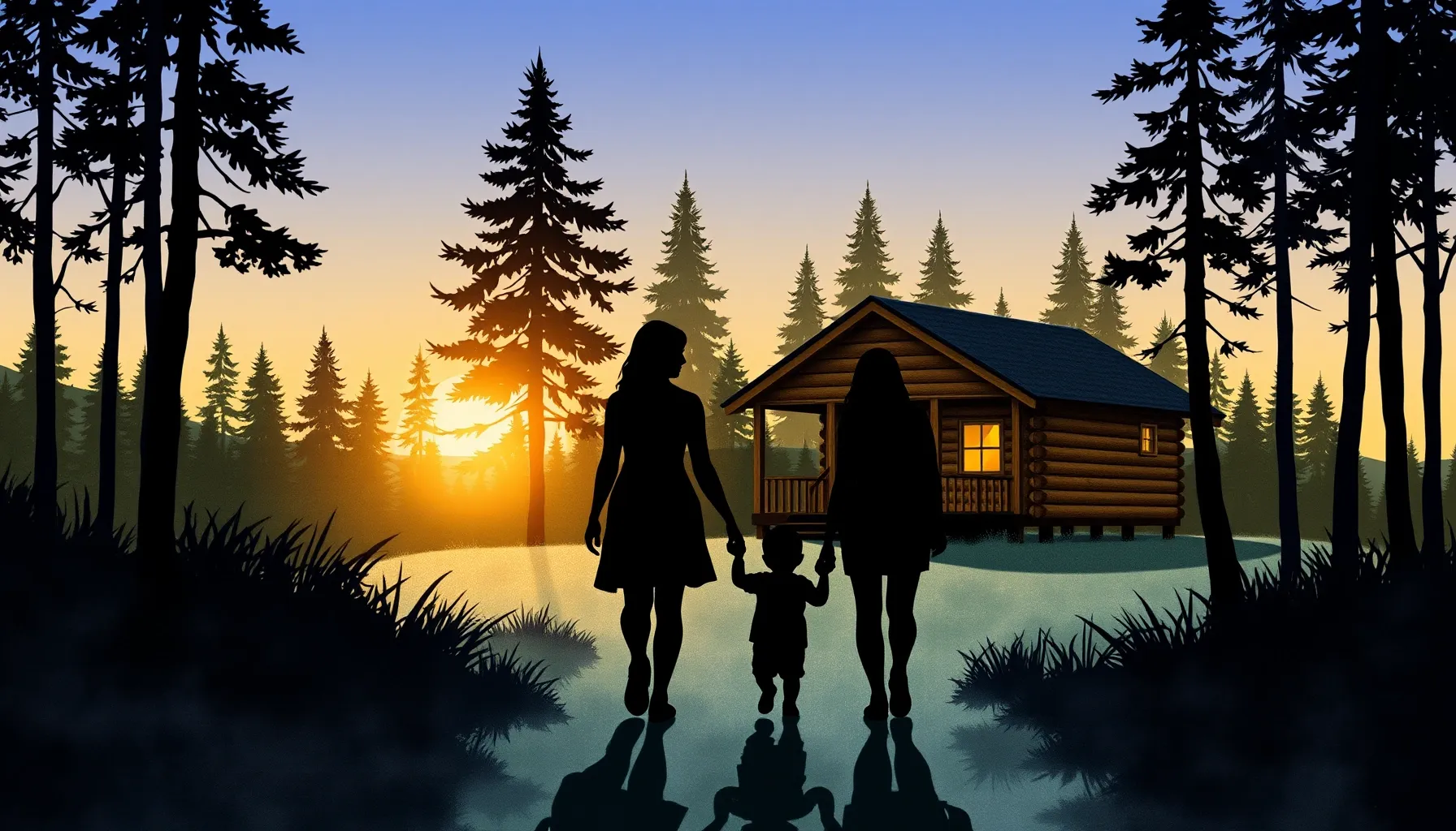 Watercolor style. Silhouettes of two women and a small child...