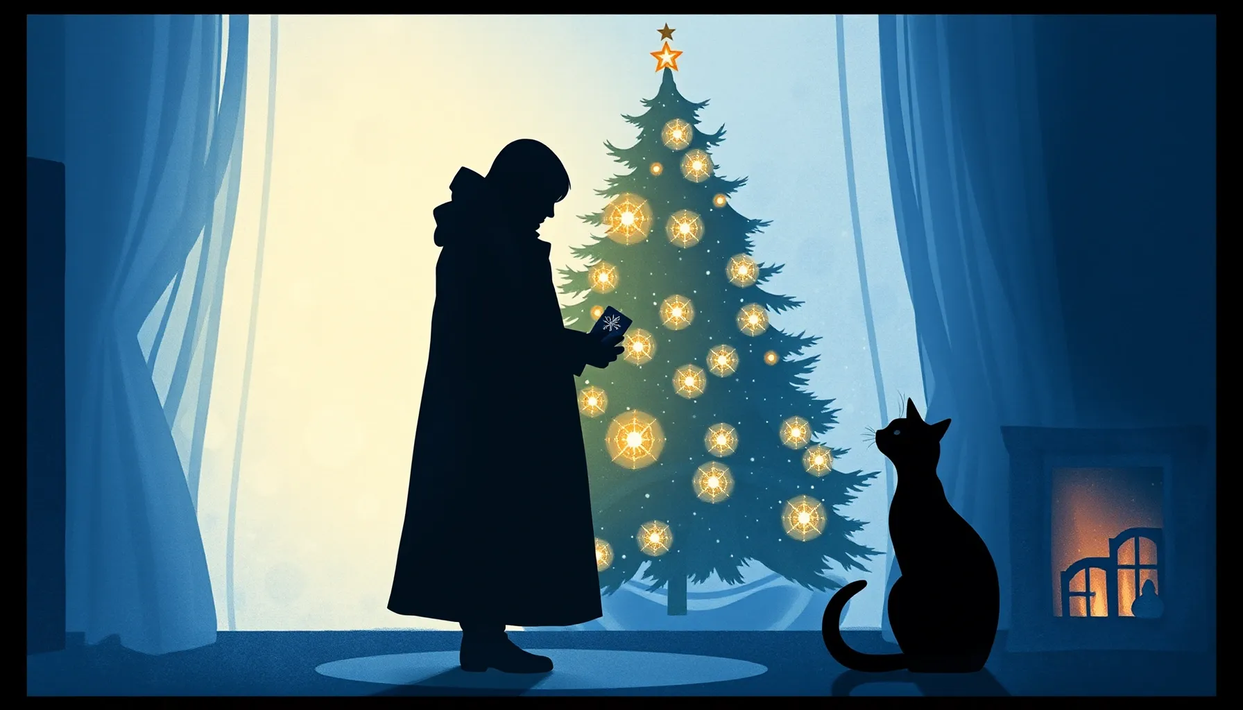 Watercolor style. Silhouette of a tall figure in a long coat...