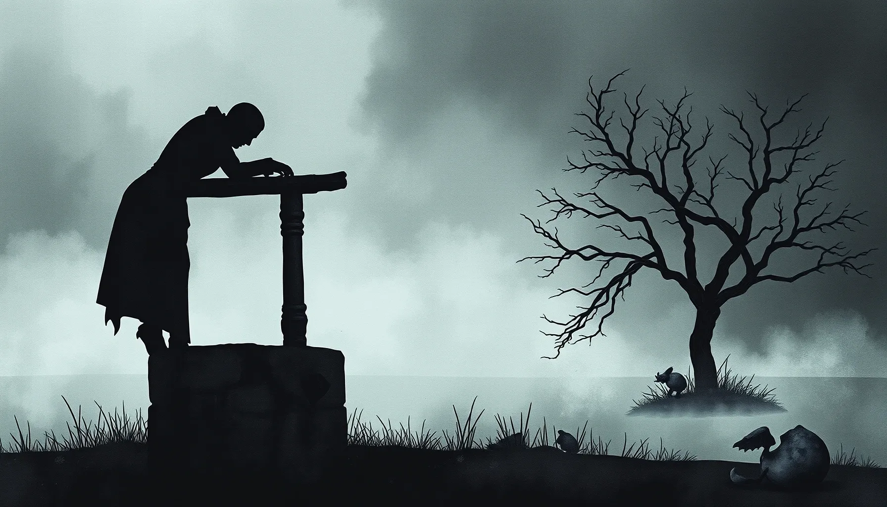 Watercolor style. A silhouette of a figure leaning over an o...