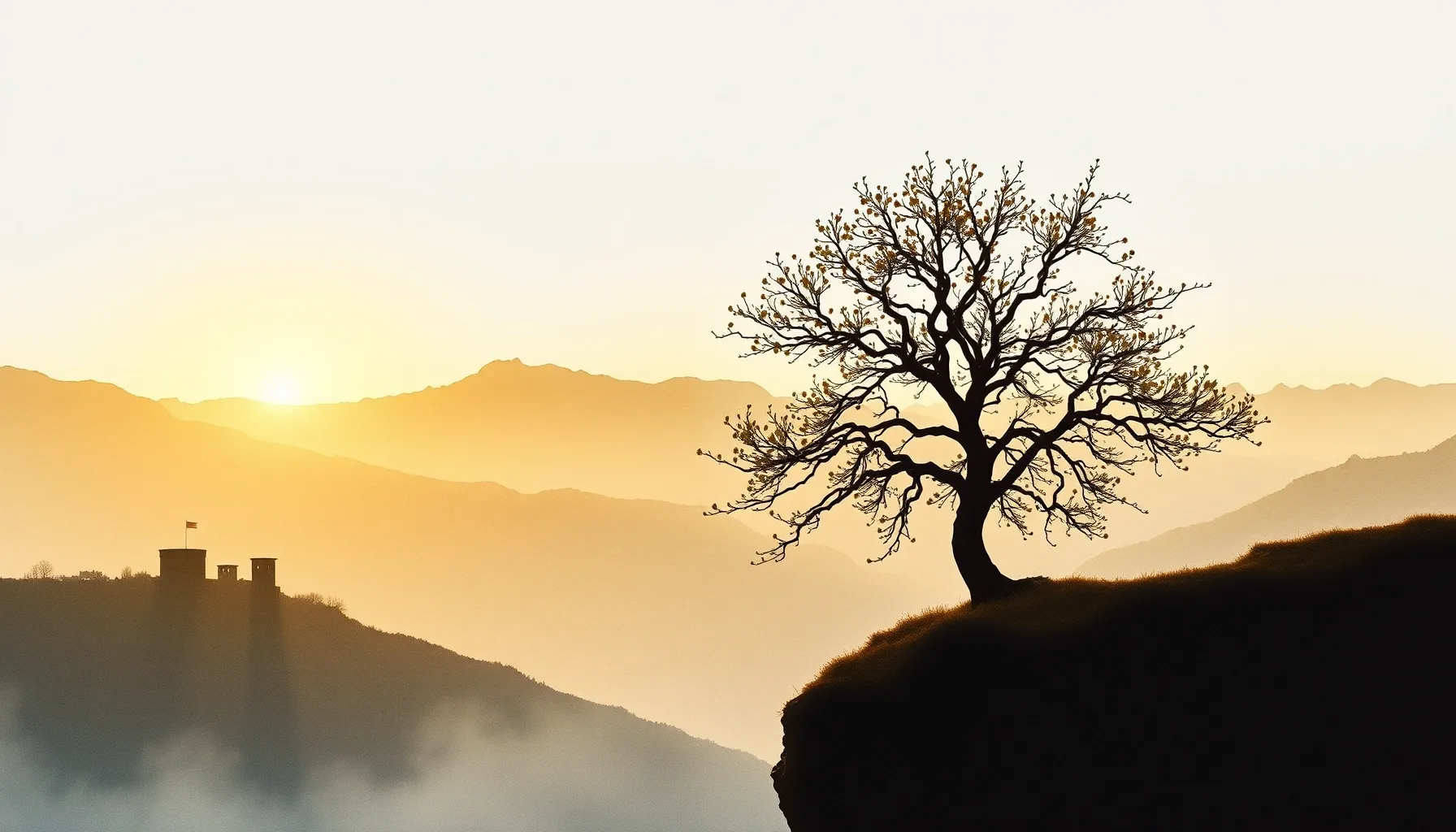 Watercolor style. A lonely ancient pear tree standing on a h...