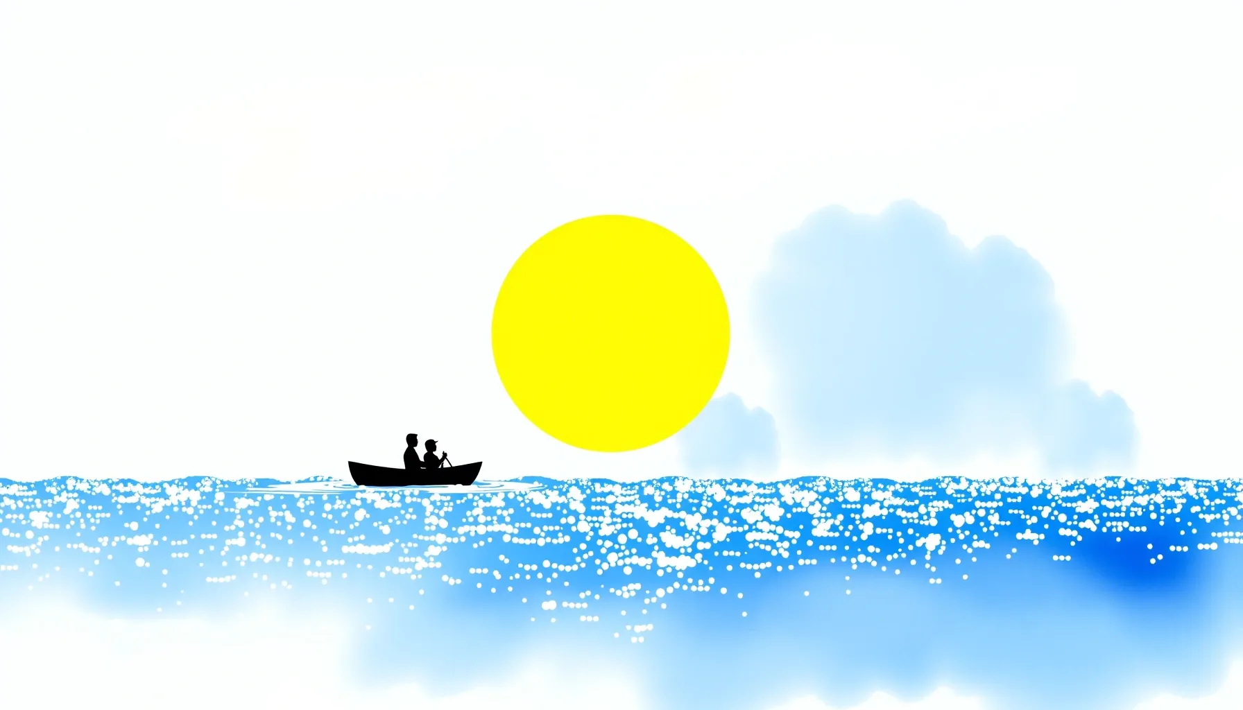 Watercolor style. Silhouette of two figures in a small rowin...