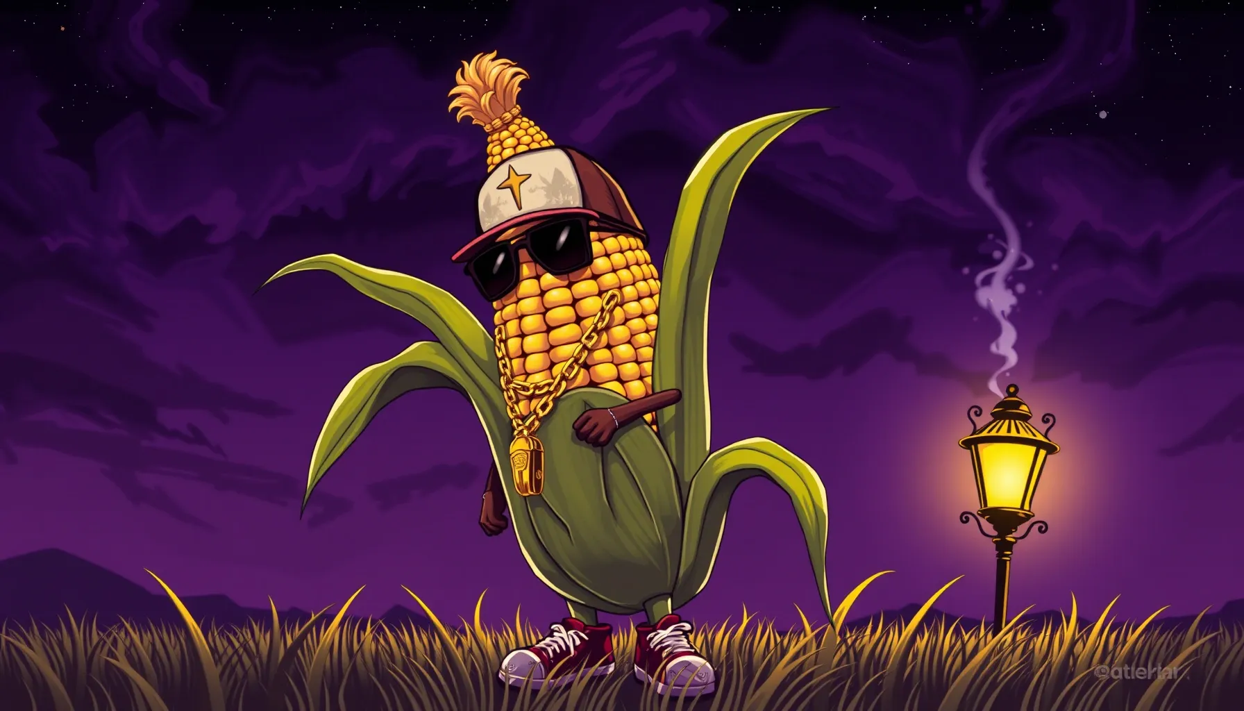 A stylized hip-hop ear of corn wearing a gold chain and a ca...