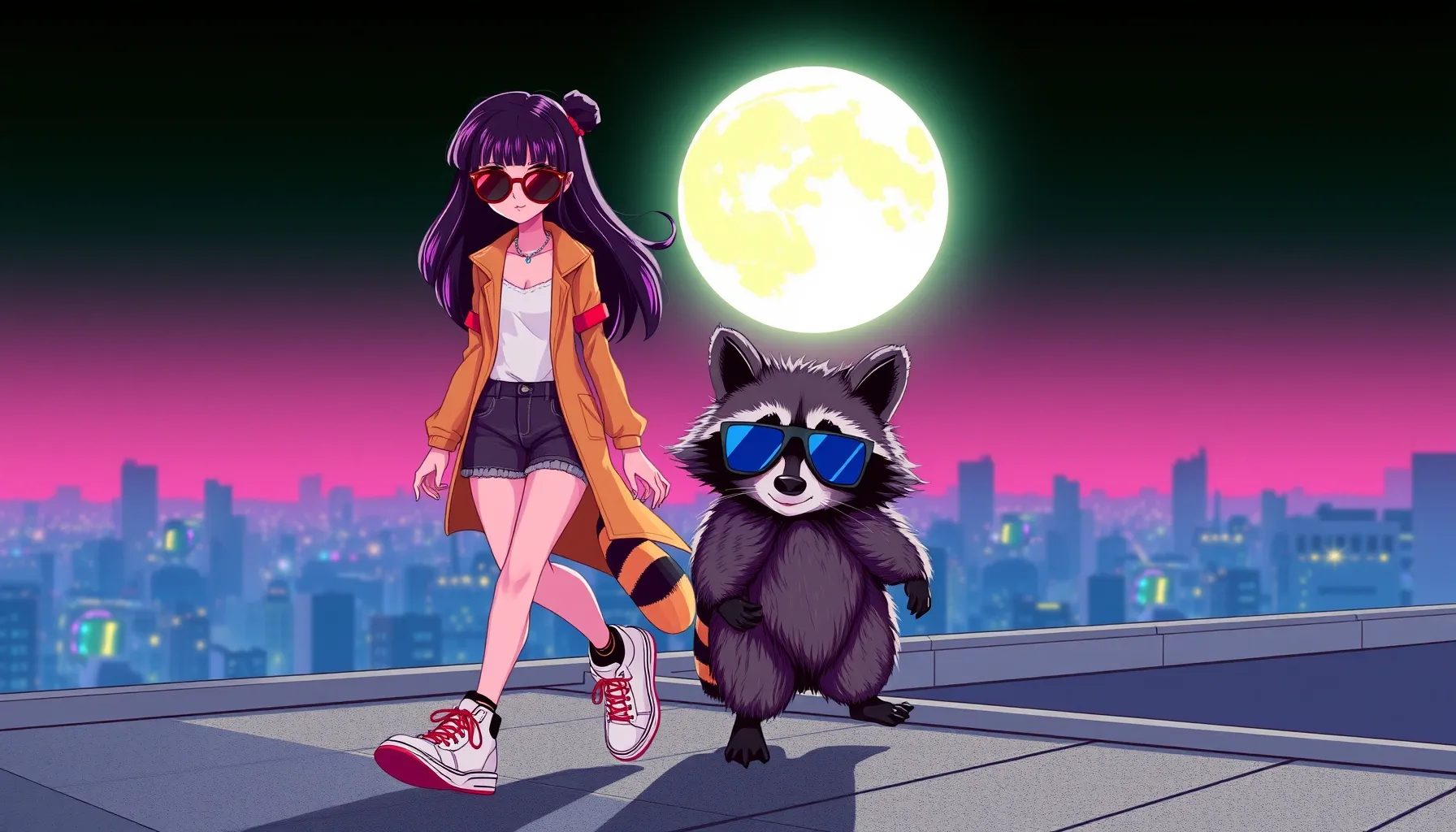 A stylish girl and a raccoon with sunglasses walking on a mo...