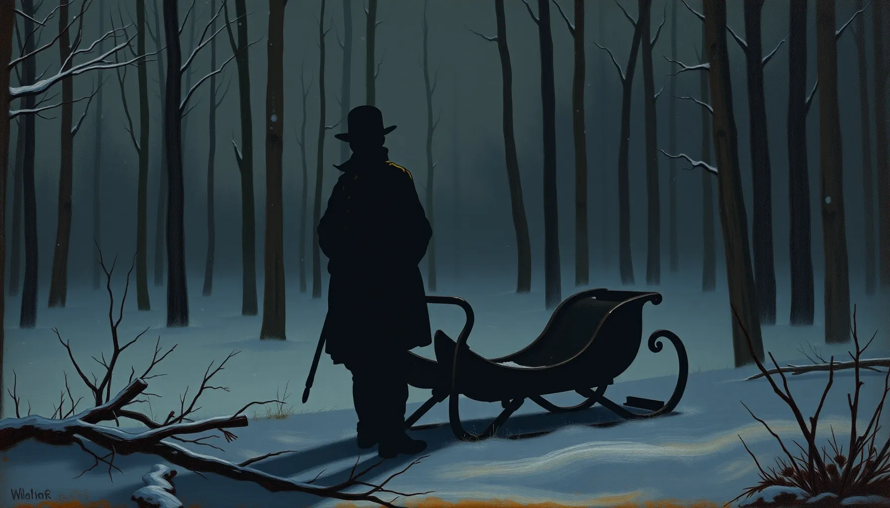 A silhouette of a soldier standing by a wooden sleigh in a d...