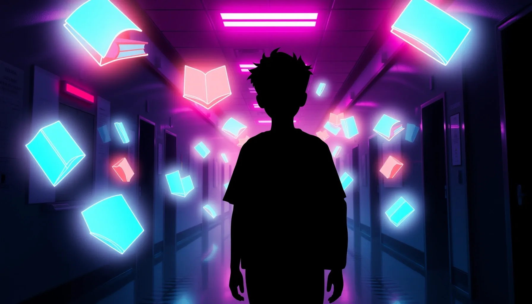 A stylized silhouette of a student walking through a mystica...