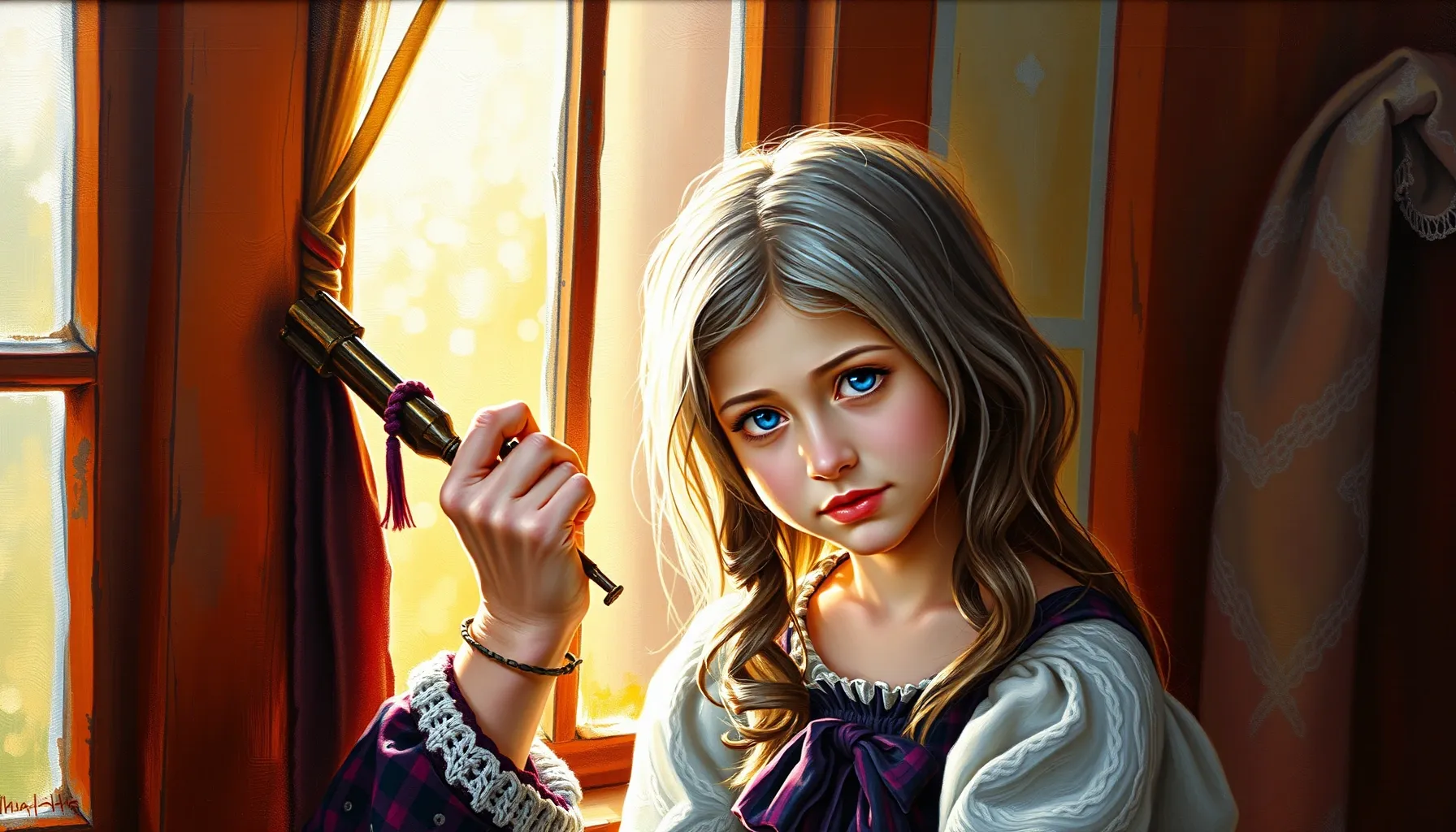 An elderly woman with silver hair and bright blue eyes braid...