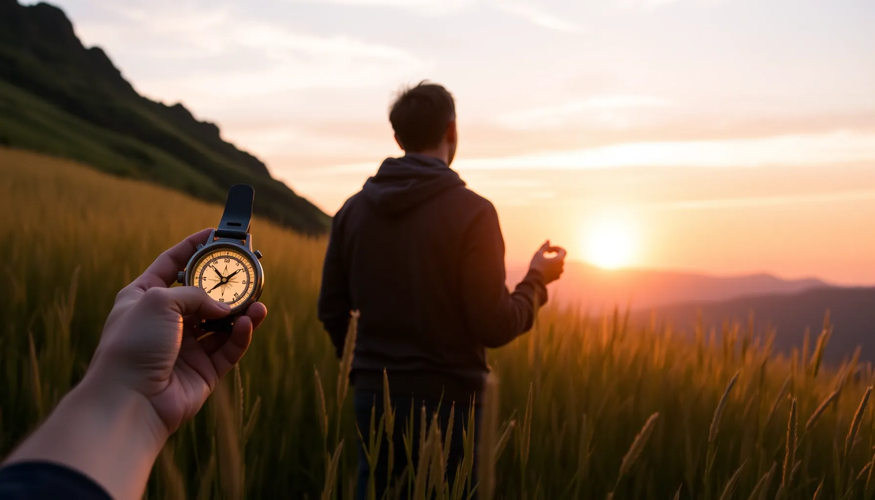 A person standing in a field of tall grass, holding a compas...