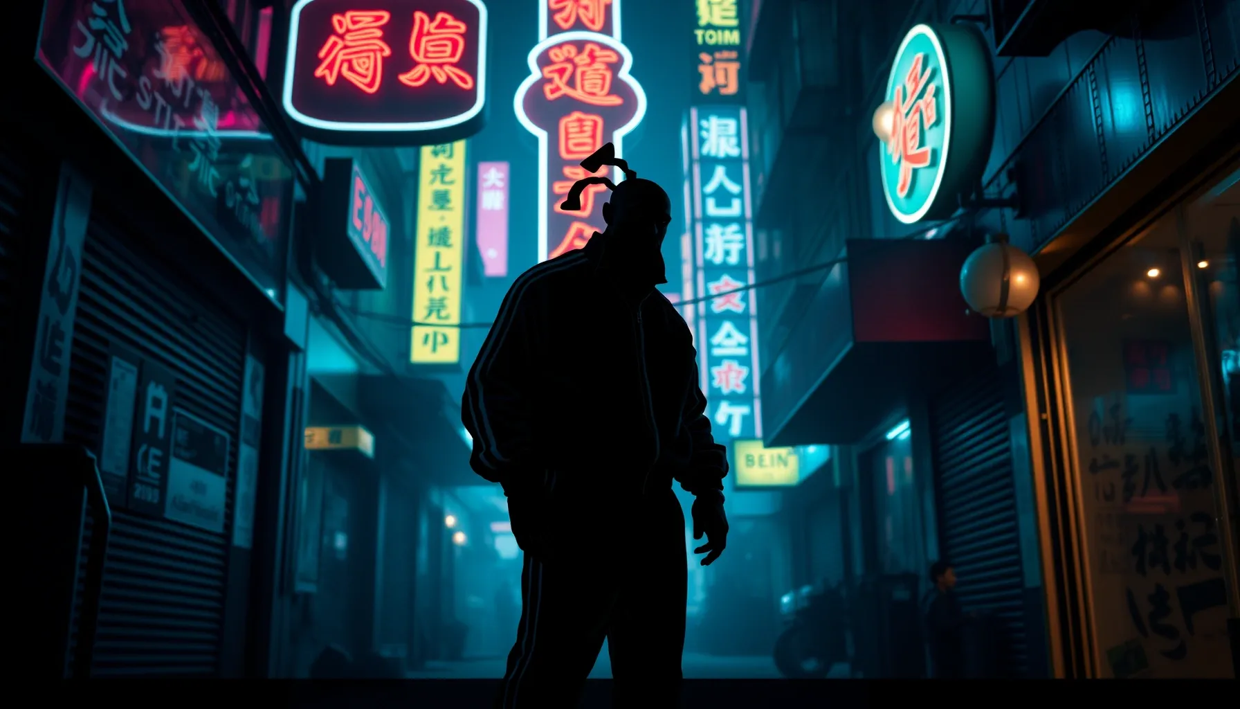 A stylized silhouette of a genie in a tracksuit, standing in...