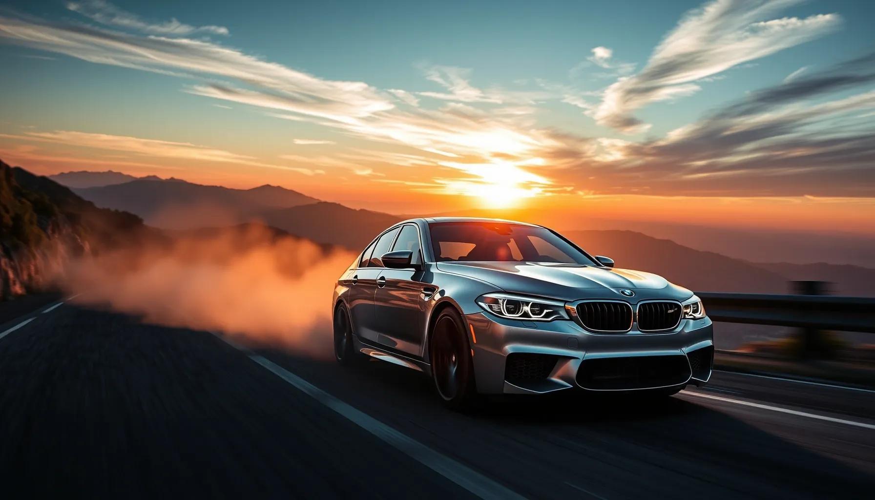 A silver BMW M5 drifting on a mountain road at sunset, smoke...