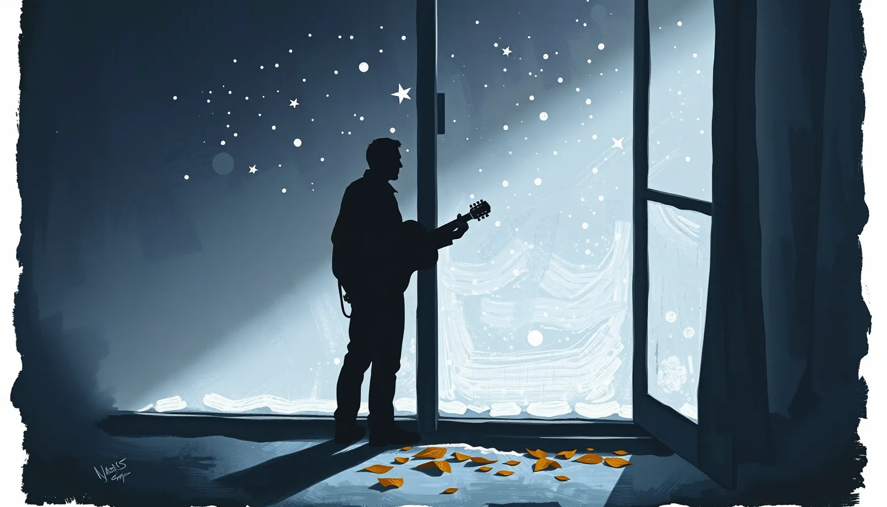 A lonely silhouette of a man with a guitar looking out a win...