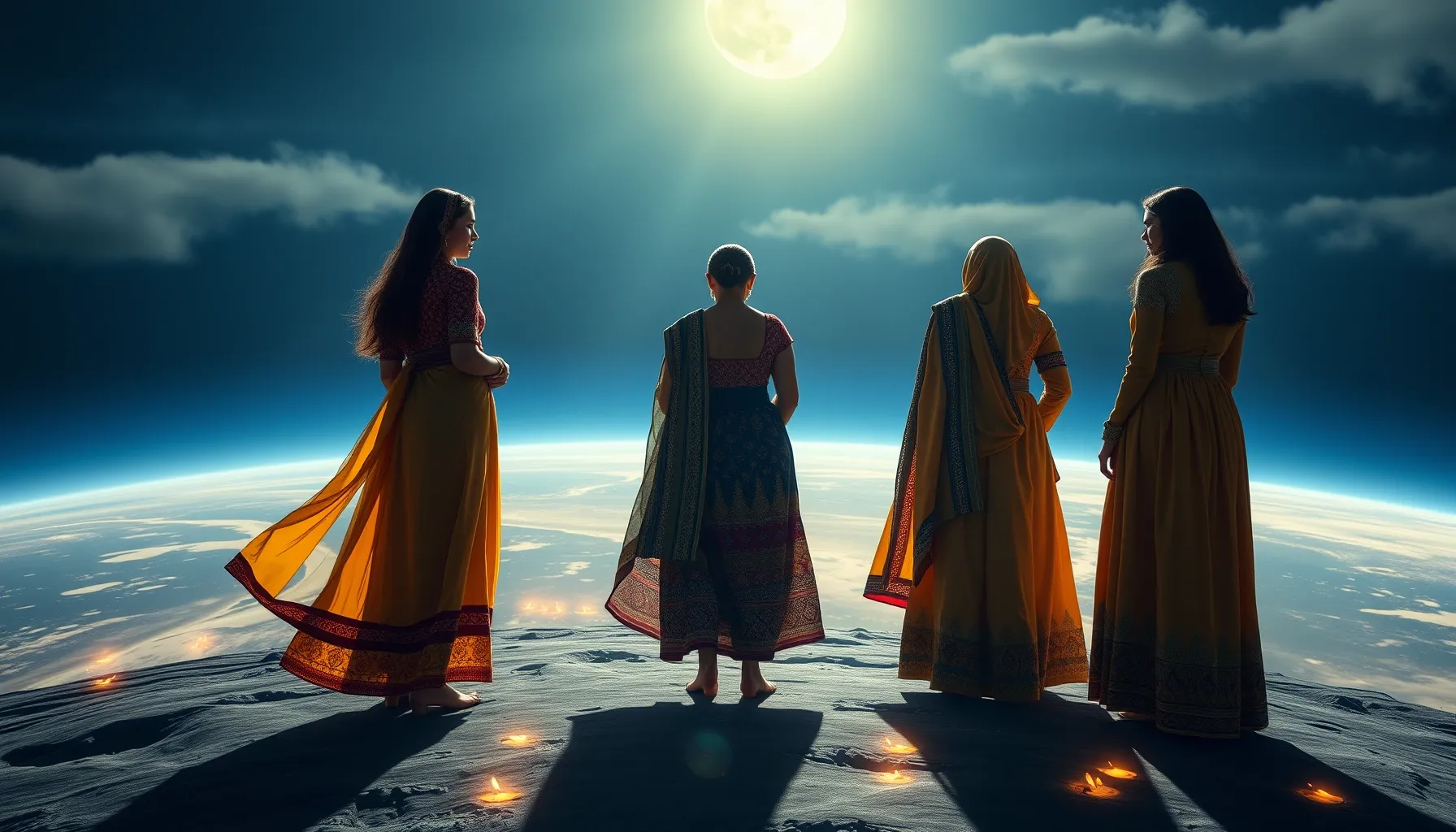 Cinematic wide shot of five diverse women in traditional dre...