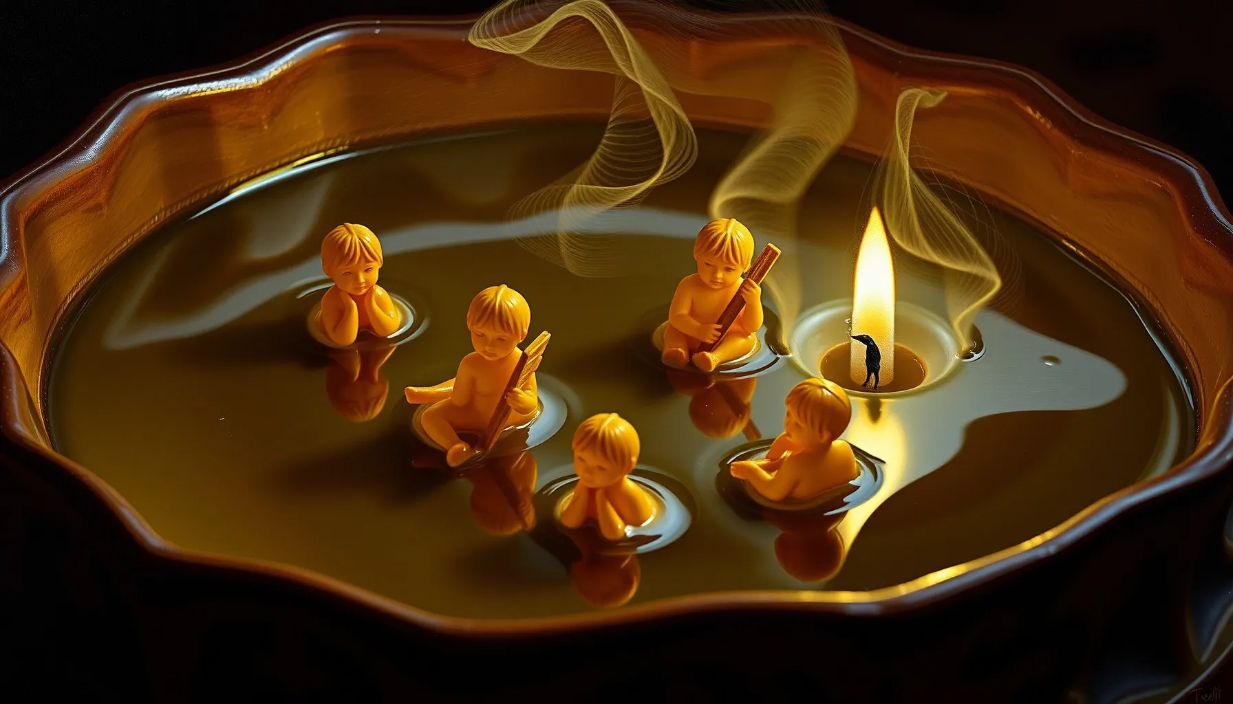 Detailed golden wax figures floating in a dark ceramic bowl ...