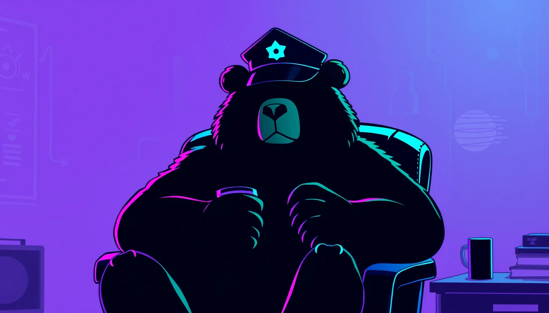 A stylized silhouette of a large bear wearing a police cap, ...