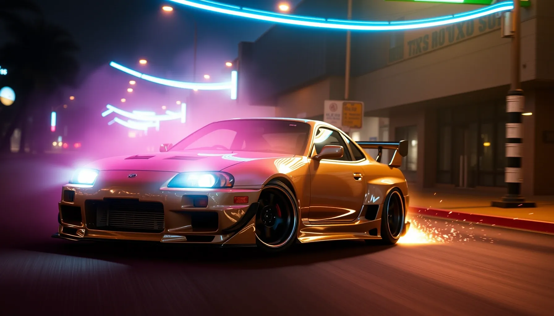 A highly tuned Japanese sports car drifting through a neon-l...