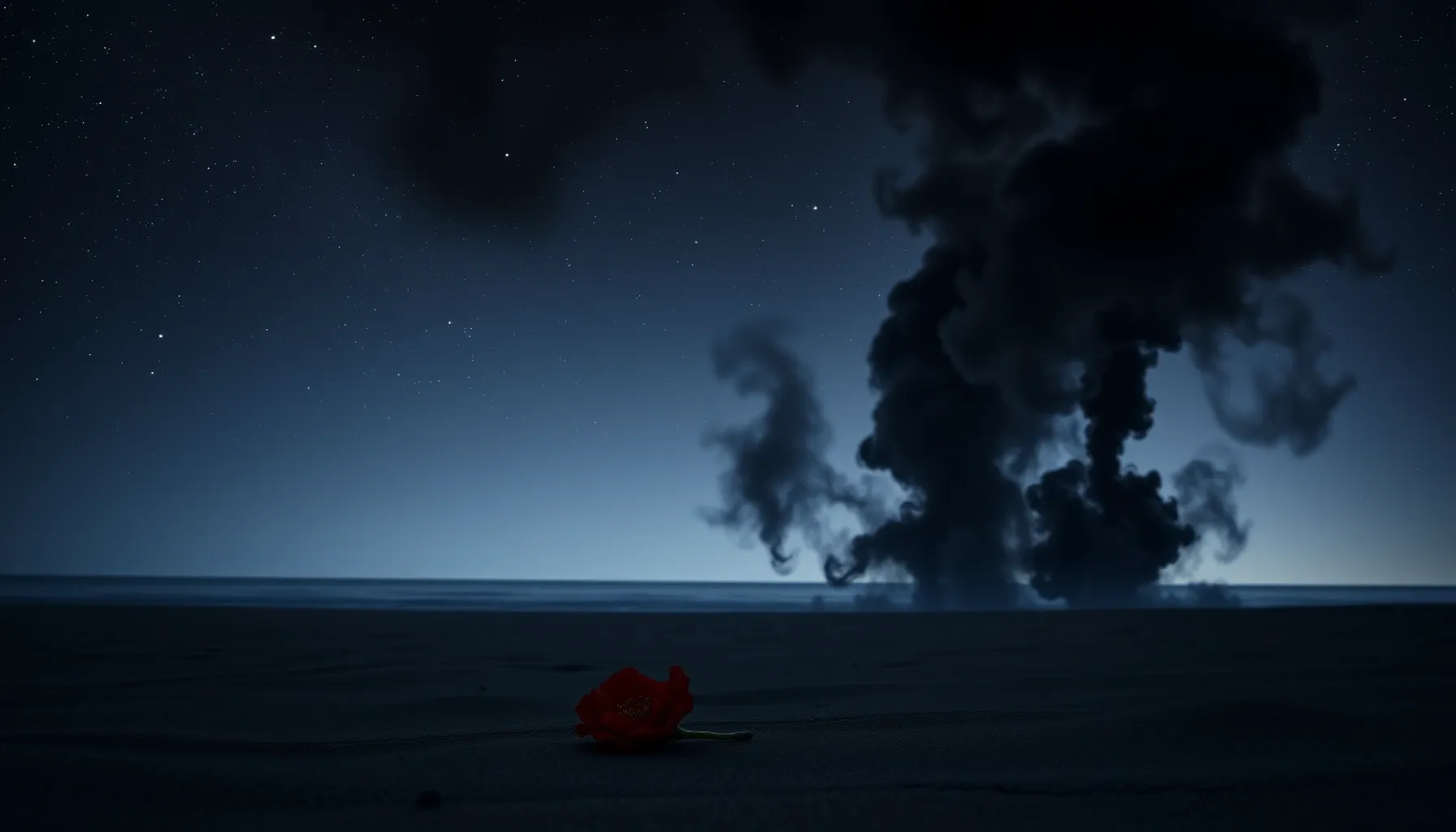 A dark and somber seaside at night, thick black smoke rising...