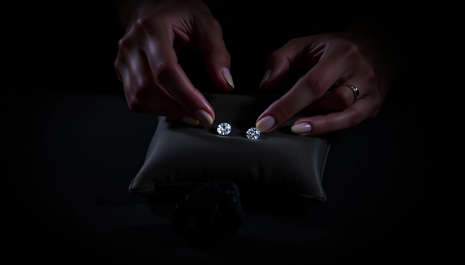 A pair of elegant hands carefully polishing two small, glowi...