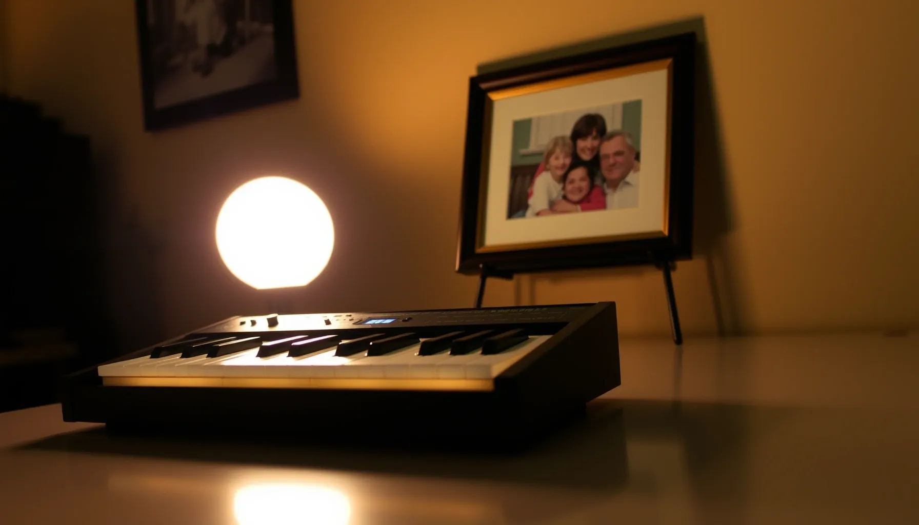 A soft, glowing 303 synthesizer on a table next to a framed ...