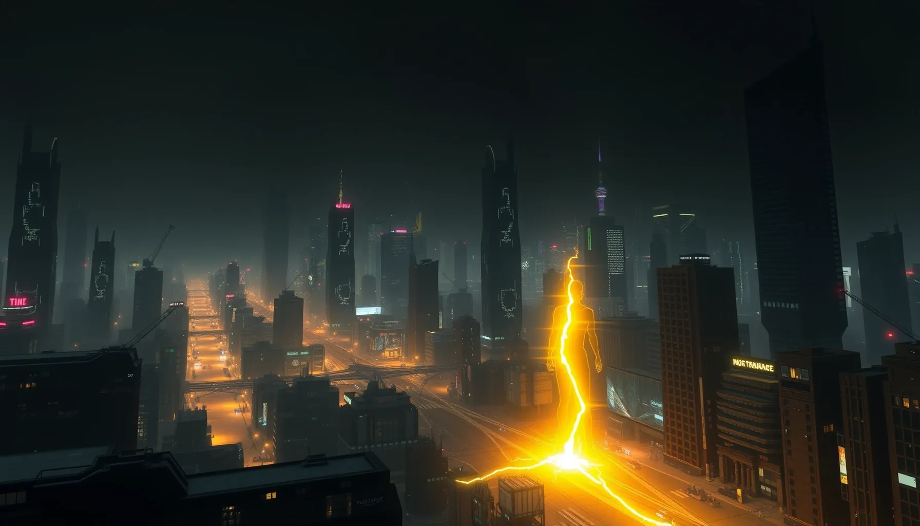 A futuristic city blackout, only one figure glowing with bri...