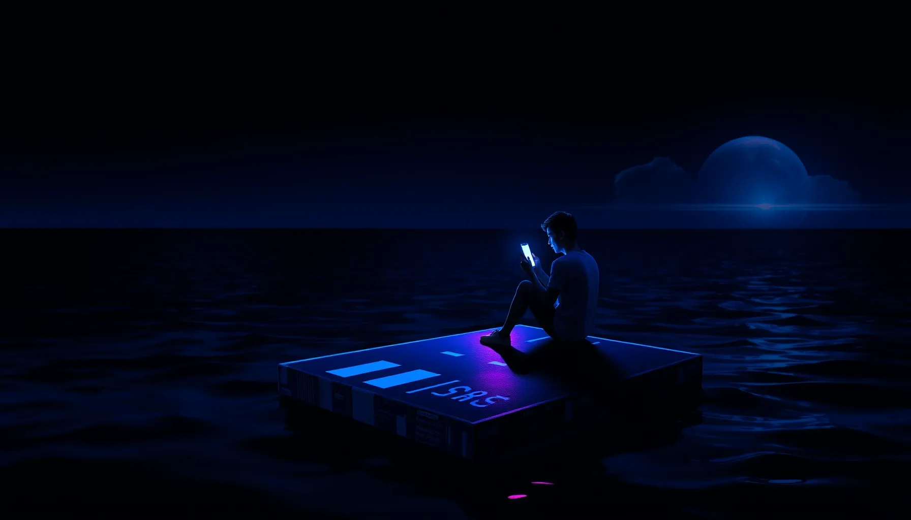 A lonely young man sitting on a floating piece of a modern c...