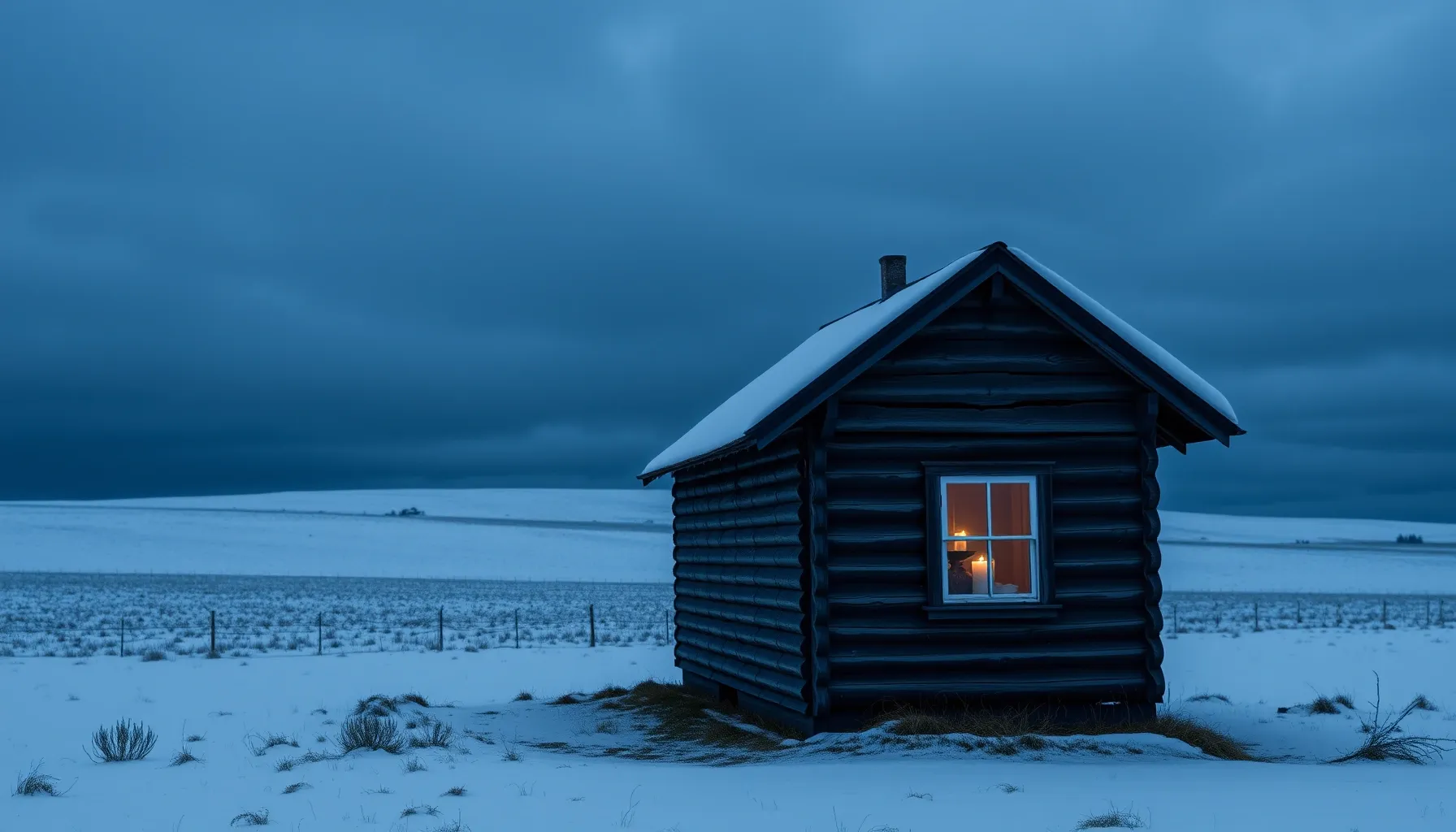 A lonely wooden house in a snowy field under a heavy grey sk...