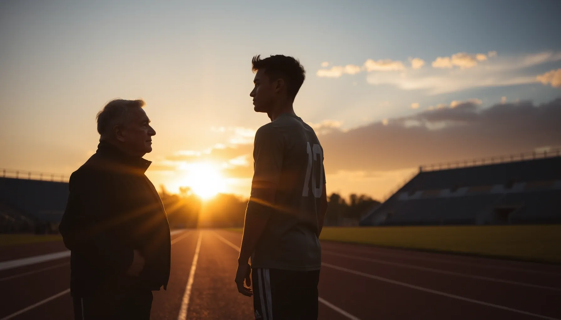A silhouette of an older coach and a young athlete standing ...