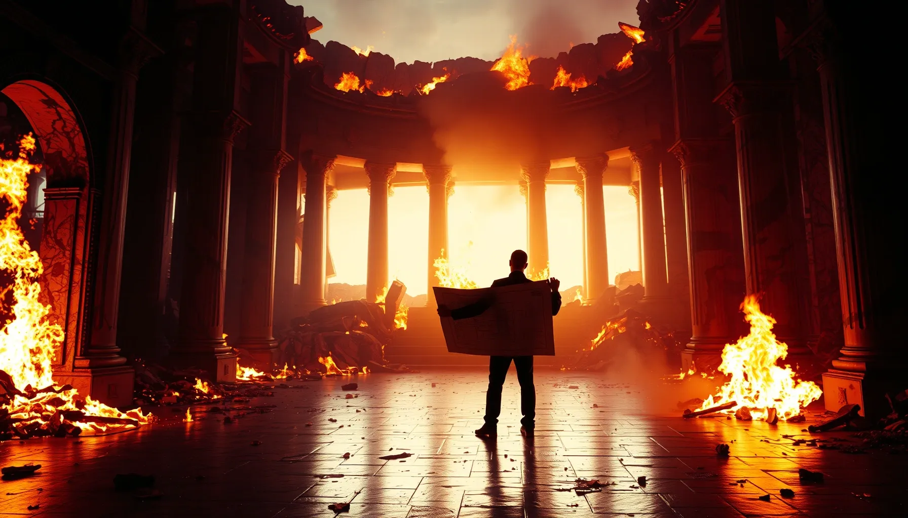 A dramatic silhouette of a man standing amidst the glowing e...