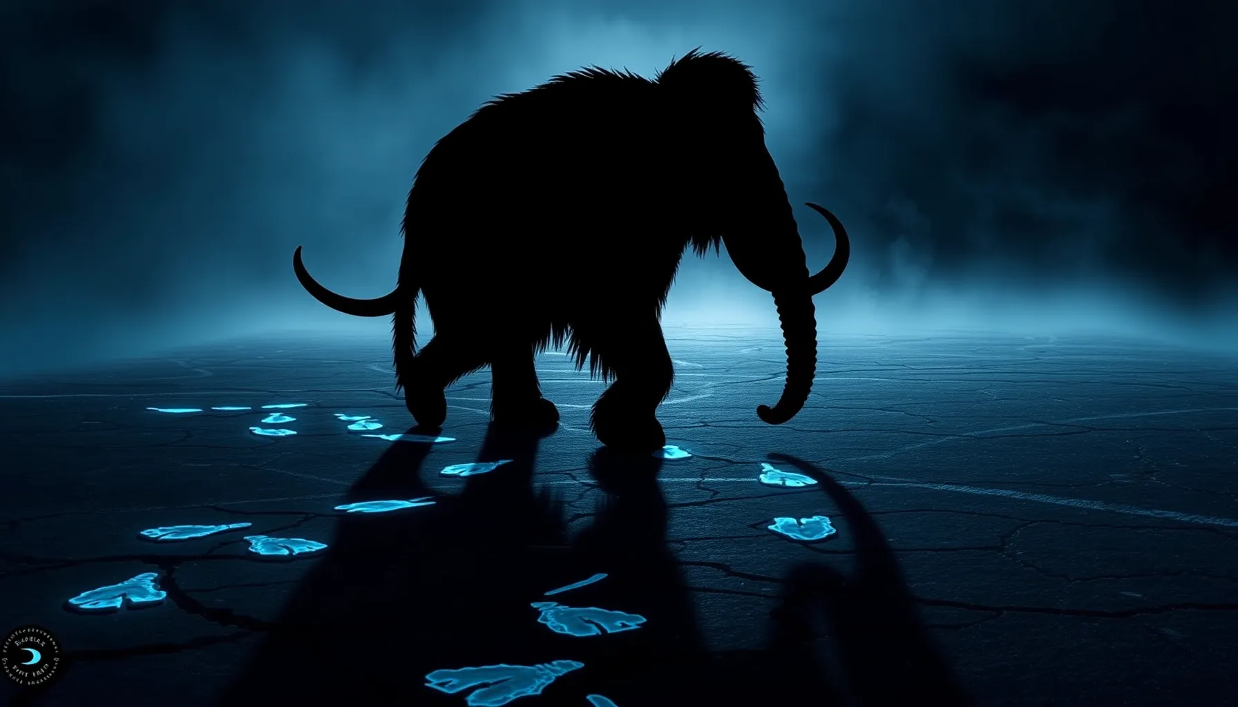 A silhouette of a mammoth walking on a cracked ice surface, ...