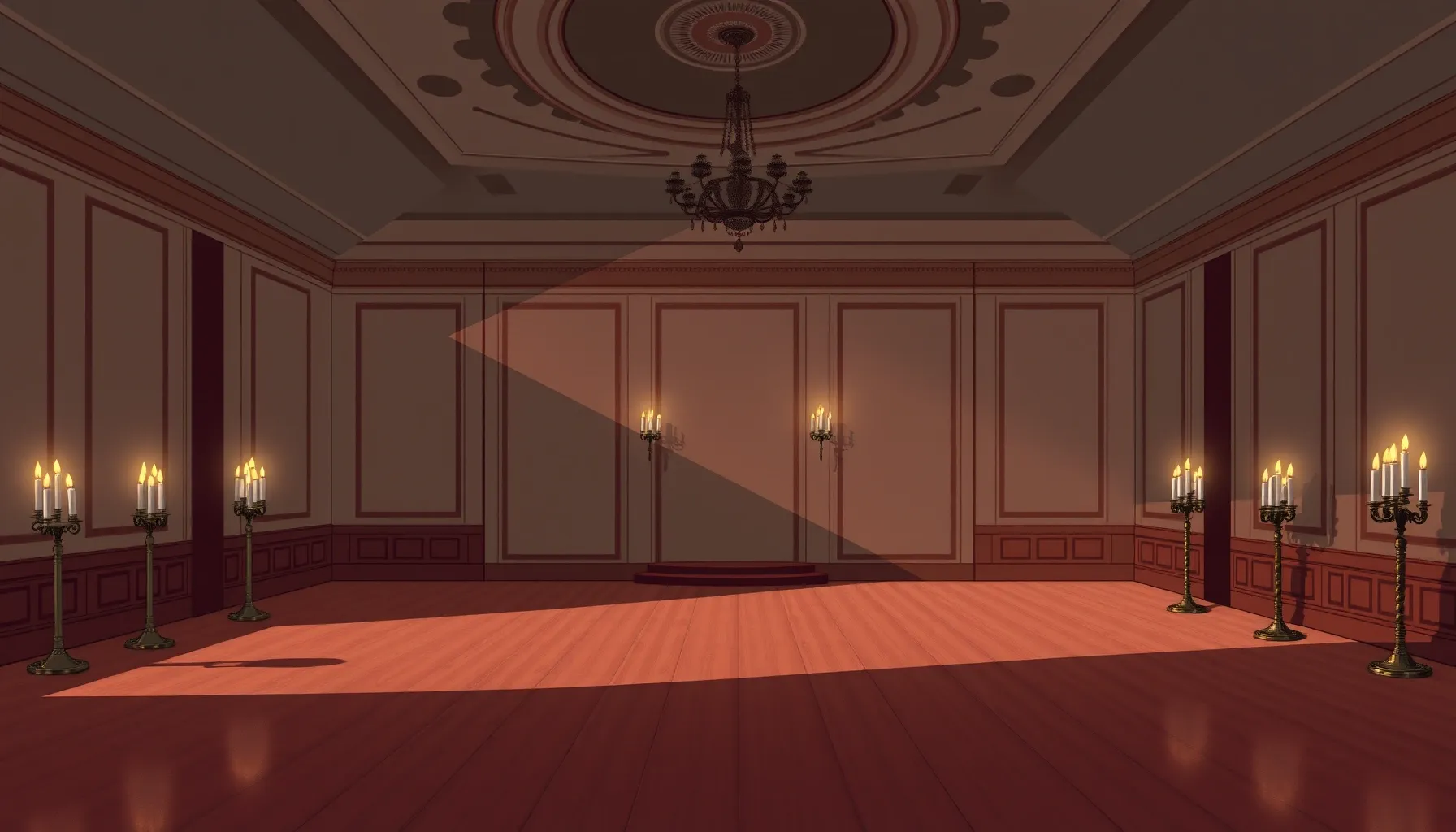 An empty grand ballroom with extinguished candles and long s...
