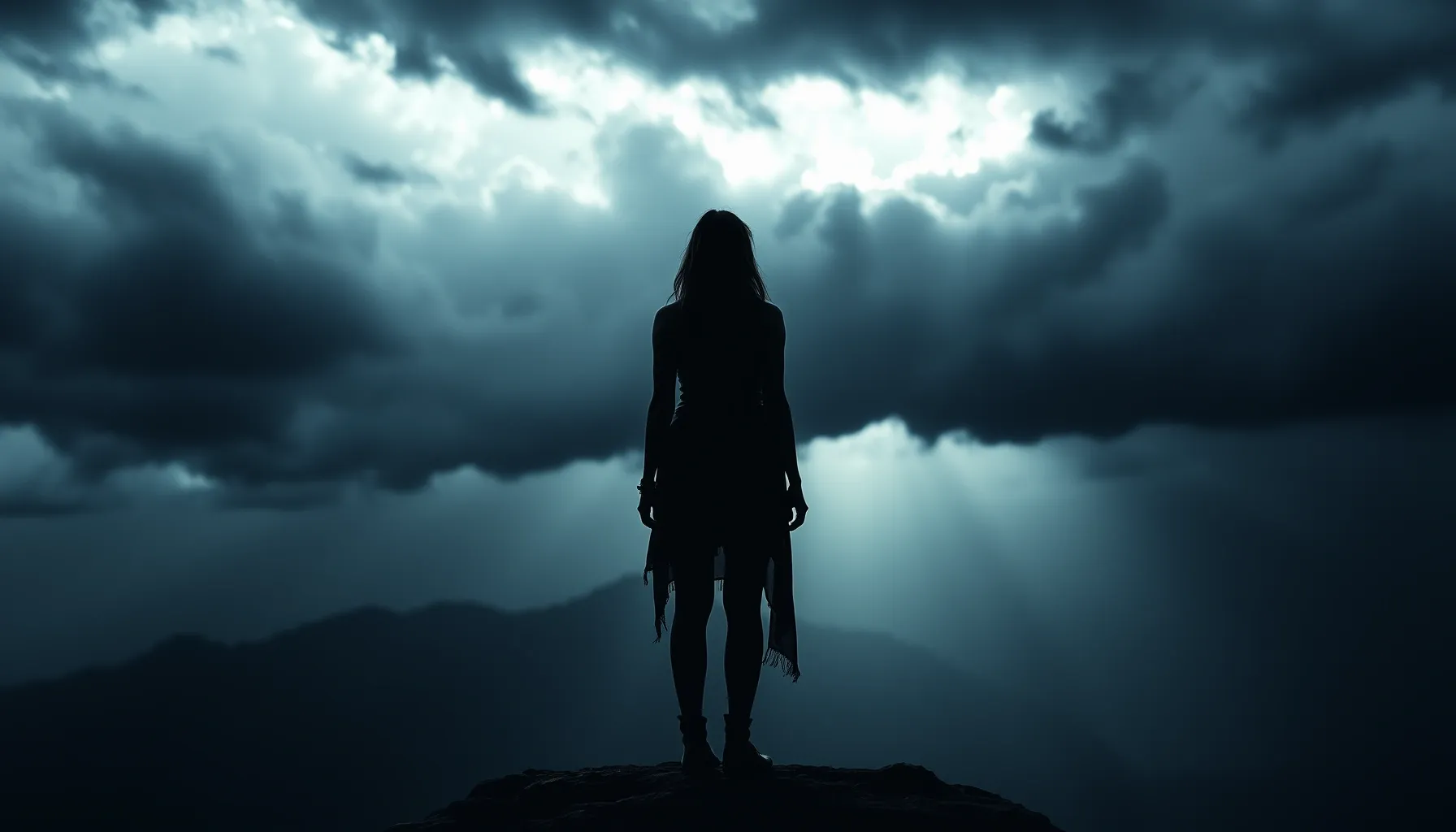 A dramatic scene of a woman standing on a cliff, dark stormy...