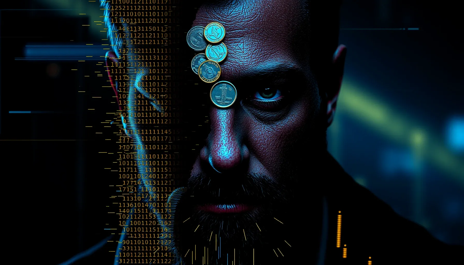 A digital glitch art portrait of a man whose face is partial...