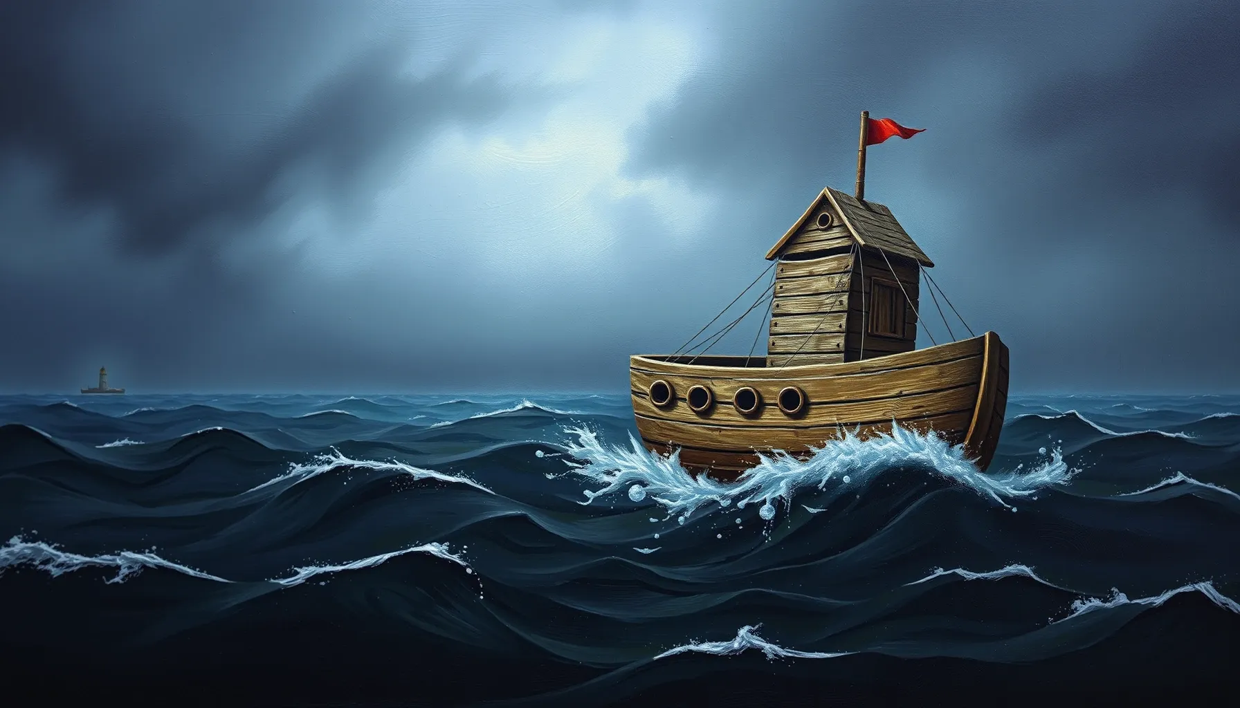 A symbolic wooden ark made of old books and guitar strings f...