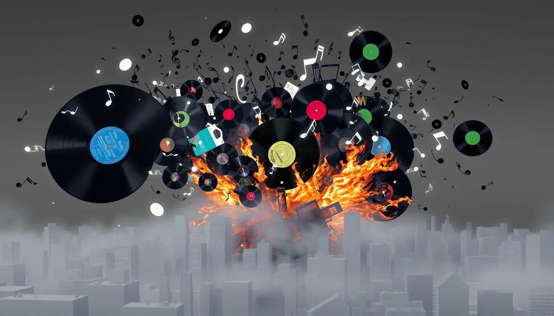 A powerful tornado made of musical notes and vinyl records d...