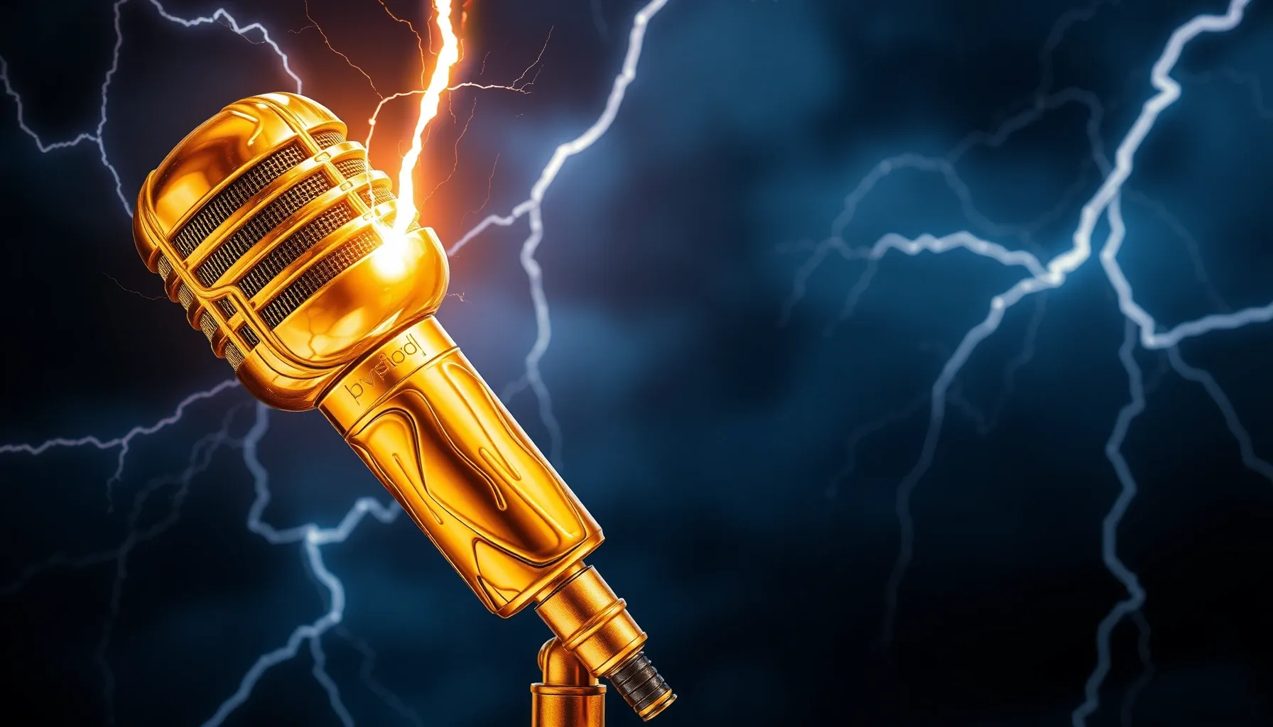 A golden microphone standing in the center of a storm, light...