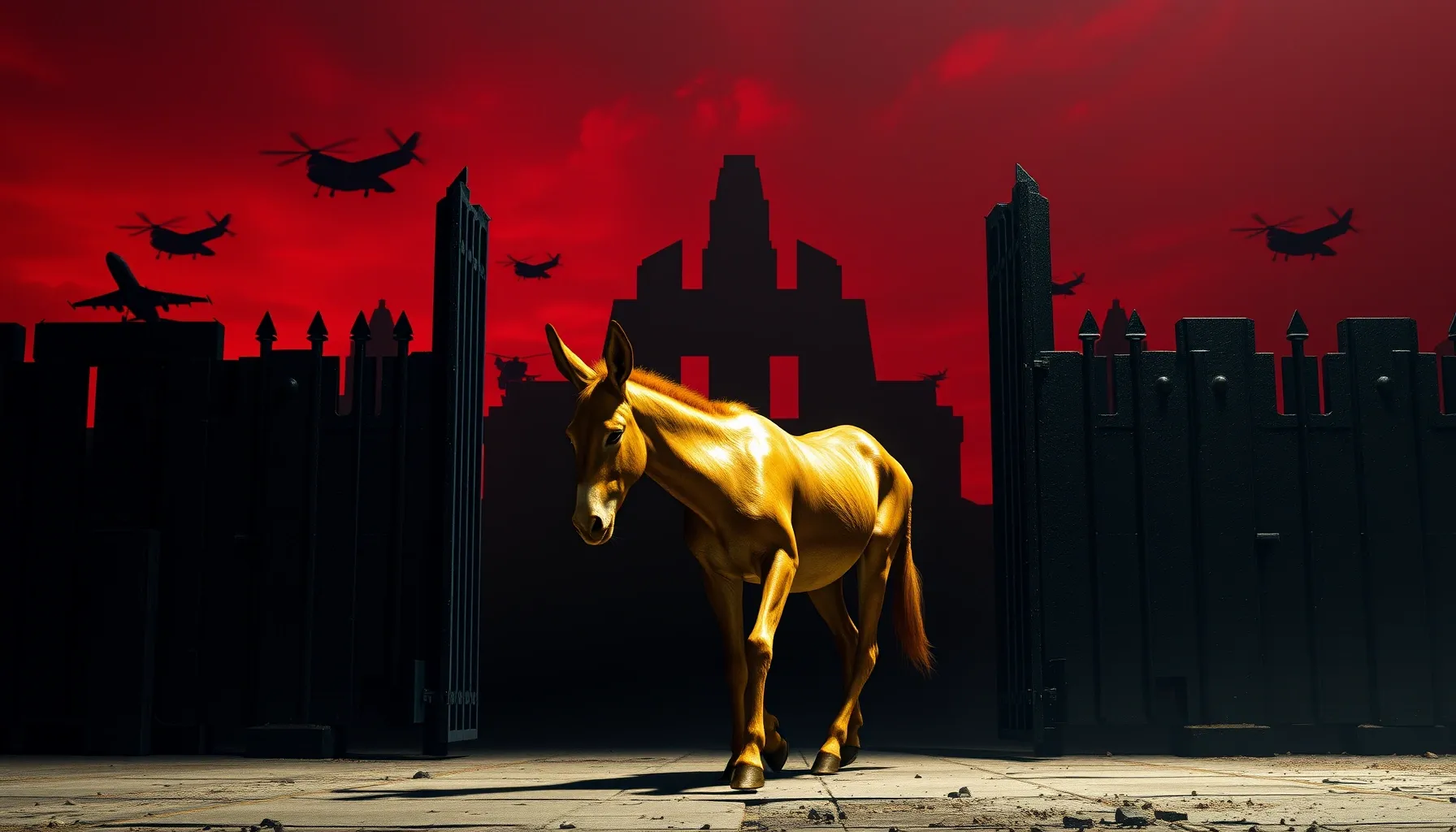 A dramatic scene showing a golden donkey walking through an ...